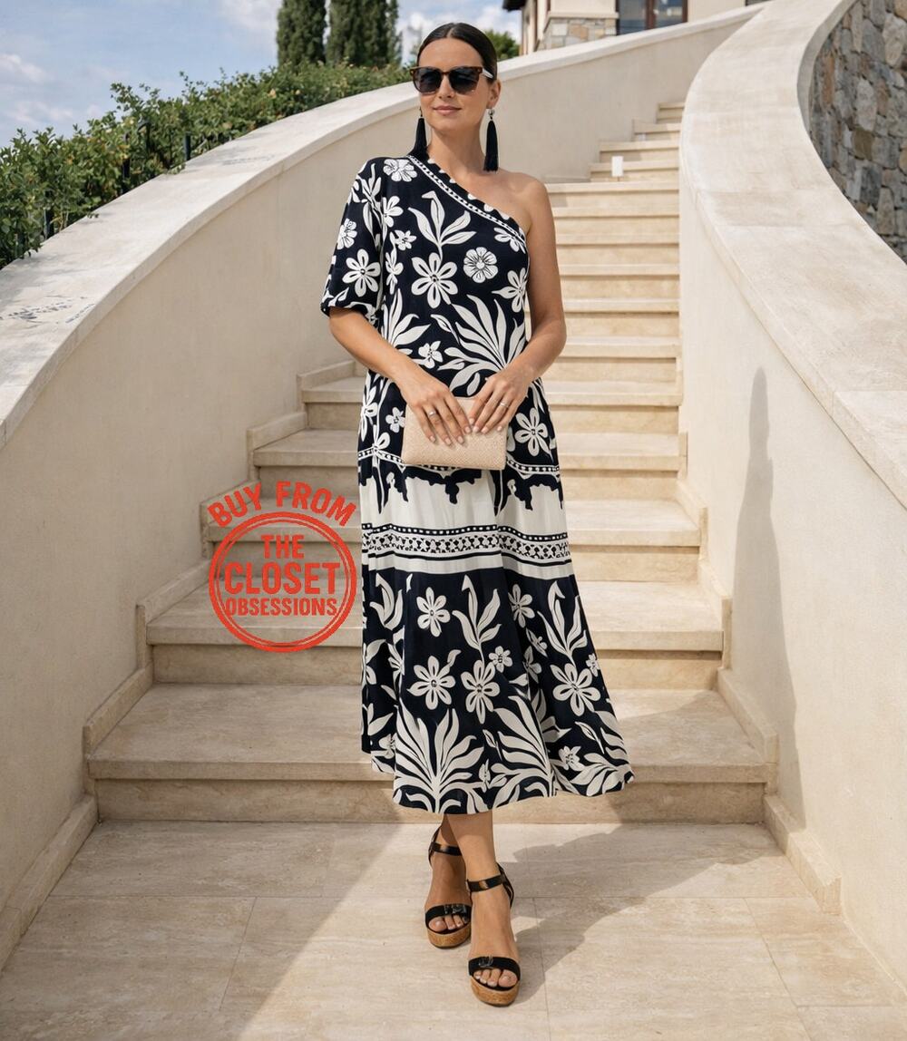 Mango NWT Black White Floral One Shoulder Asymmetric Midi Dress US 4
